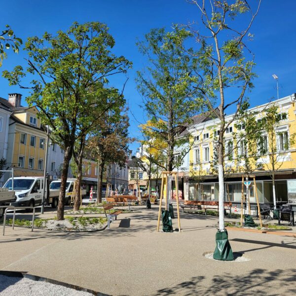 Der neue Hauptplatz in Amstetten steht für klimafitte Stadtplanung, ein ganzheitliches Regenwassermanagement, soziale Treffpunkte und einen nachhaltigen Umgang mit Ressourcen.