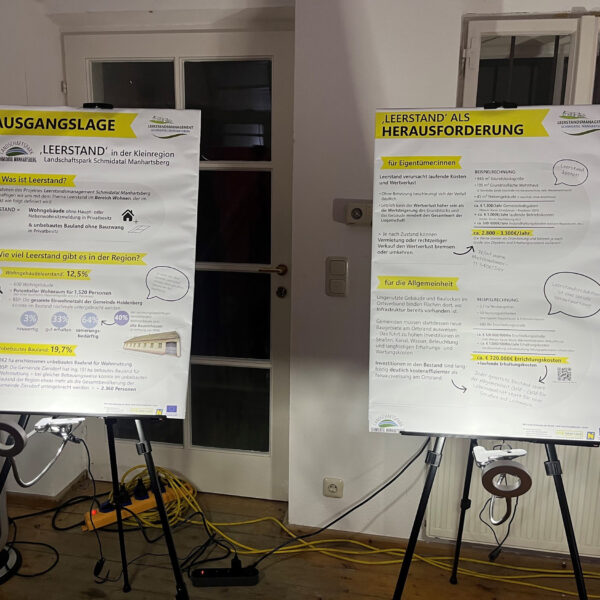 Flipcharts mit dem Projektziel: Das Projekt will über Leerstand informieren, Bewusstsein für seine negativen Auswirkungen schärfen, Vertrauen aufbauen, ins Gespräch kommen und beraten.