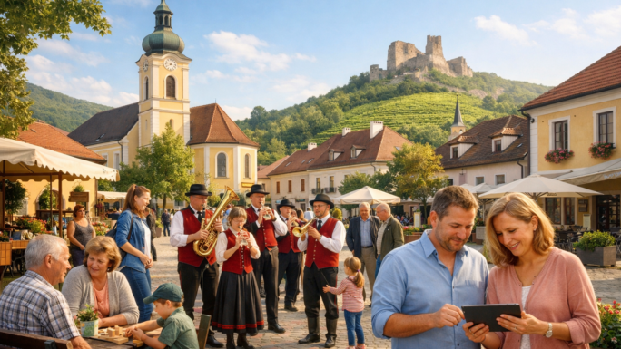 belebter Dorfplatz auf dem eine Musikkapelle Aufstellung genommen hat