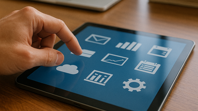 eine Hand die ein Tablet bedient