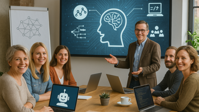 Menschen vor Laptops ,ein Mann steht erklärend davor