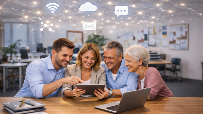 Vier Personen sitzen an einem Laptop, im hintergrund symbolisieren verschiedene Icons das Thema Digitalisierung