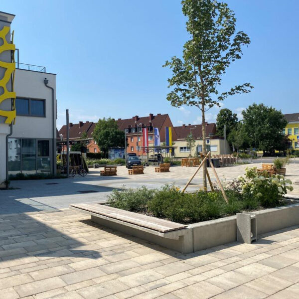 Platz mit quadratischer und mit Holz eingefasster Blumenrabatte mit Baum und Sitzbank auf öffentlichem Platz