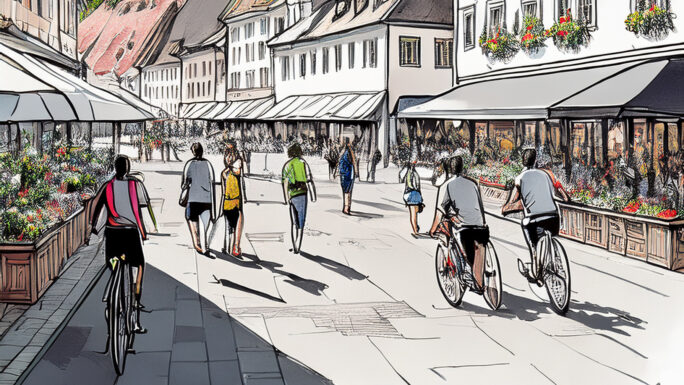 stilisiert gezeichneter Dorfplatz auf einer autofreien Straße sind Menschen zu Fuß und mit Fahrrädern unterwegs