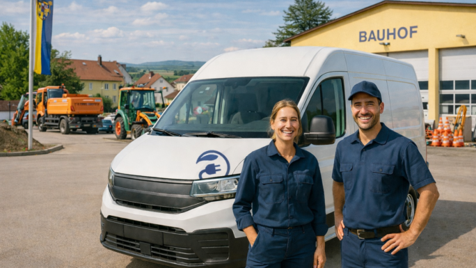 Ein Bauhofmitarbeiter und eine Bauhofmitarbeiterin stehen vor einem E-Auto, im Hintergrund sieht man Maschinen eines Gemeindebauhofes.