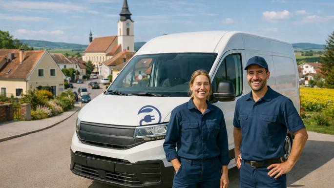 zwei Bauhofmitarbeiter vor eine e-Fahrzeug, dahinter ein Dorf mit Kirche und Häusern