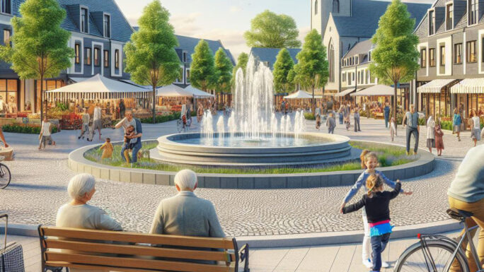 Dorfplatz an dem ein Markt stattfindet, Menschen