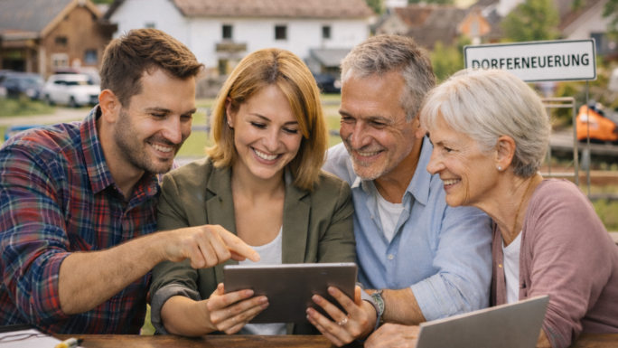 jüngere und ältere Menschen, die in ein Tablet schauen, im Hintergrund ein Dorf