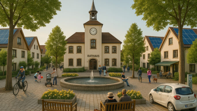 Ortskern mit rathaus, Brunnen, Menschen
