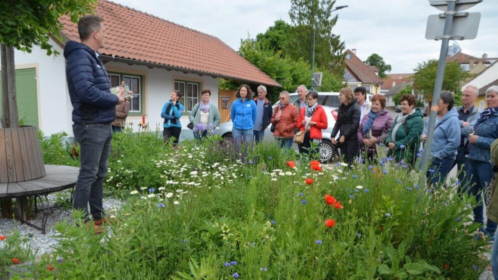 Menschen nehmen an einer Gartenführung teil