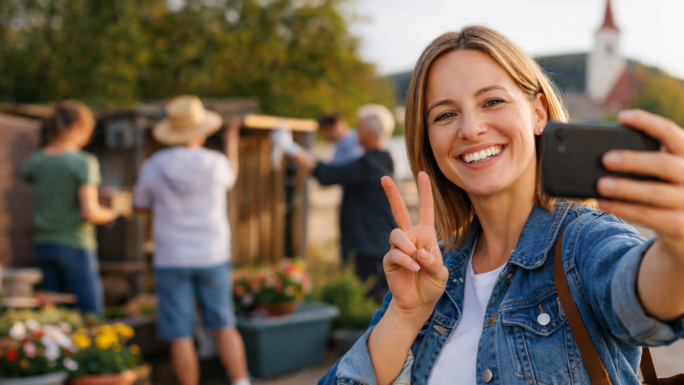 eine junge Frau macht ein Selfie für Social media. Im hintergrund arbeiten Menschen gemeinsam an einem Holtgestell.