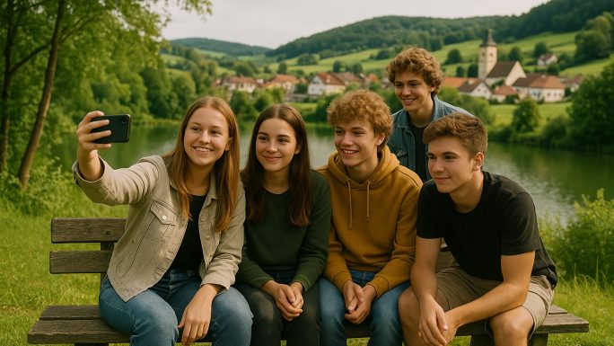 Fünf Jugendliche sitzen auf einer Bank im Grünen mit Hintergrund ihrer Wohngemeinde und machen ein Viedeo.