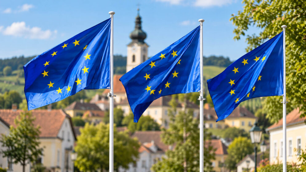 Europäische Fahnen vor Gemeinde