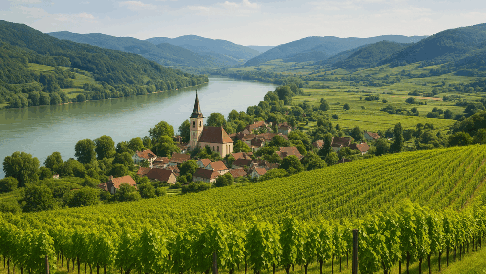 Weinberg und Dorf am Donauufer