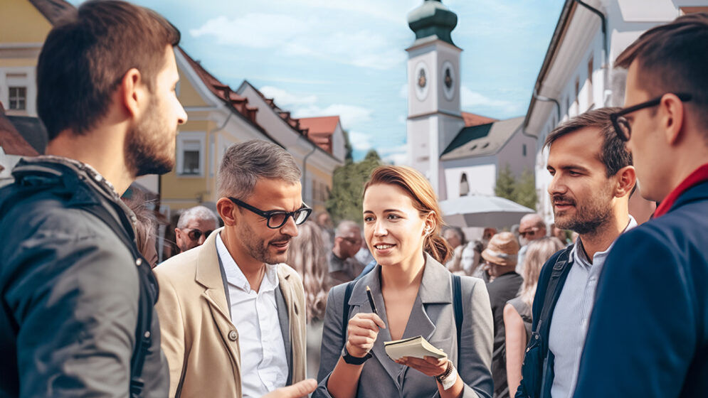 Menschen im Gespräch am Dorfplatz